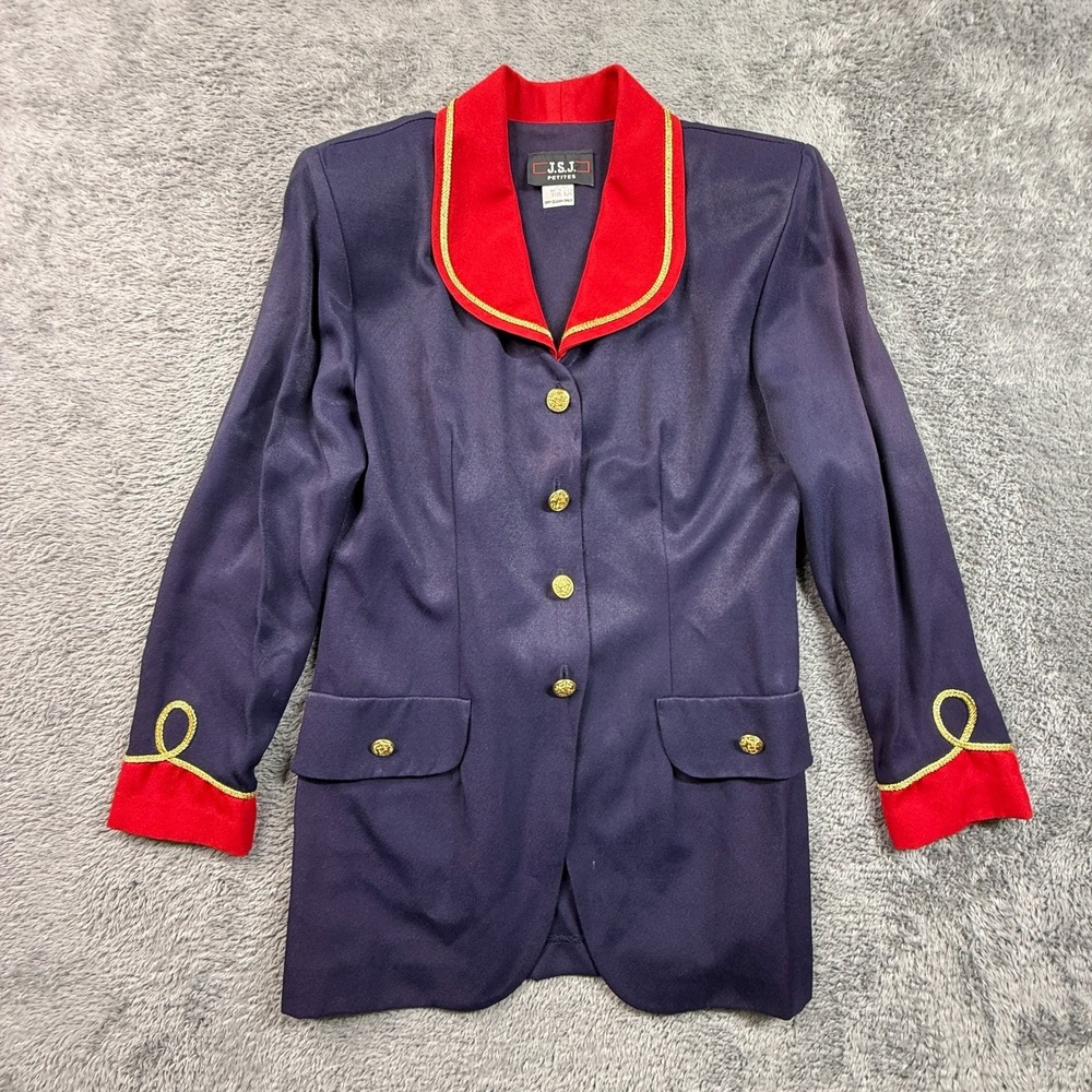 J.S.J. Petites Vintage Navy Military Blazer Red Gold Trim Buttons Jacket Sz 5/6